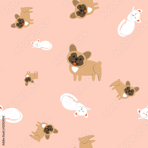 Seamless pattern of domestic animals on a pink background.