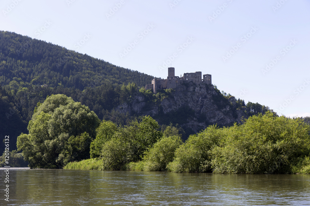 Ruins of medieval Castle Strecno above River Vah, Slovakia