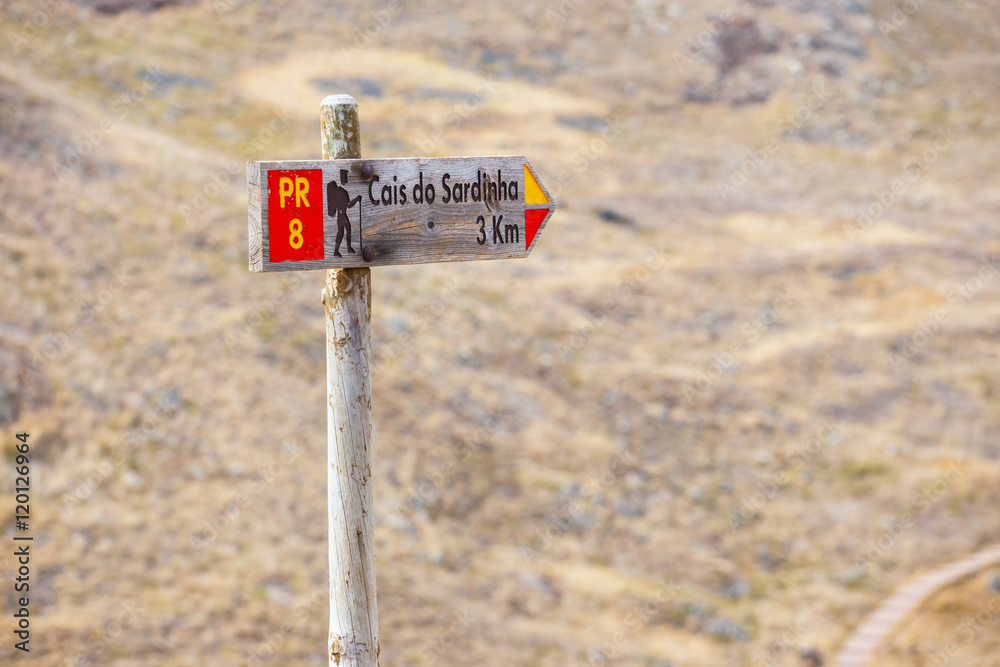 Hiking route wooden sign, pointing to Ponta de Sao Lourenco. Madeira, Portugal