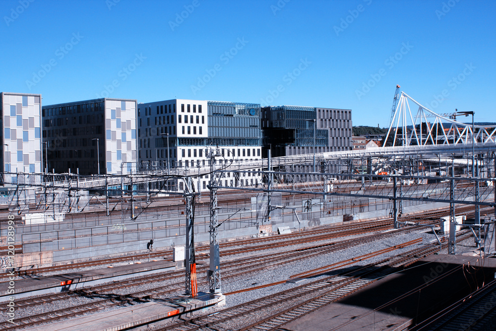 Oslo view with train station and modern buildings. 