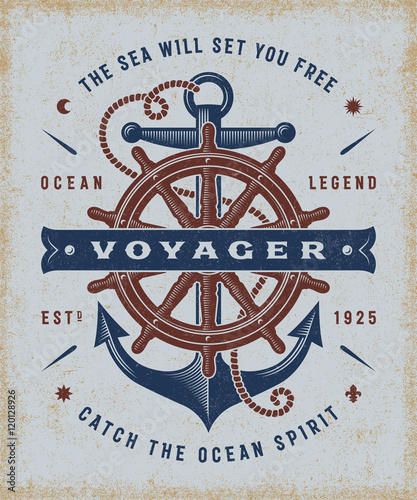Vintage Nautical Voyager Typography. T-shirt and label graphics in woodcut style.