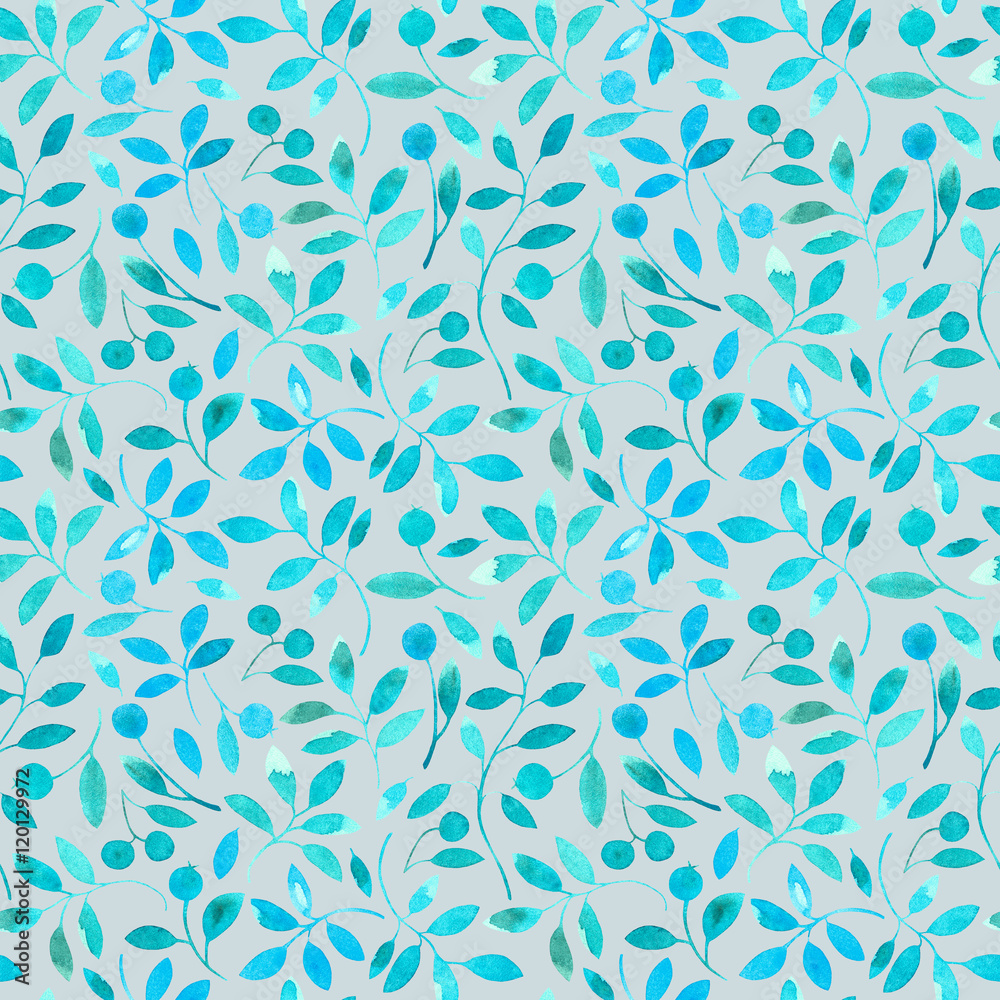 floral seamless pattern with blue branches and berries.watercolor hand drawn illustration.grey background. floral seamless pattern with blue branches and berries.watercolor hand drawn illustration.grey background.
