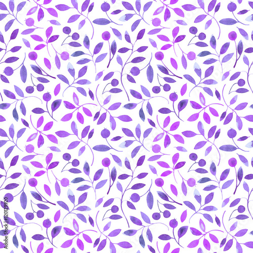 floral seamless pattern with violet branches and berries.watercolor hand drawn illustration.white background.