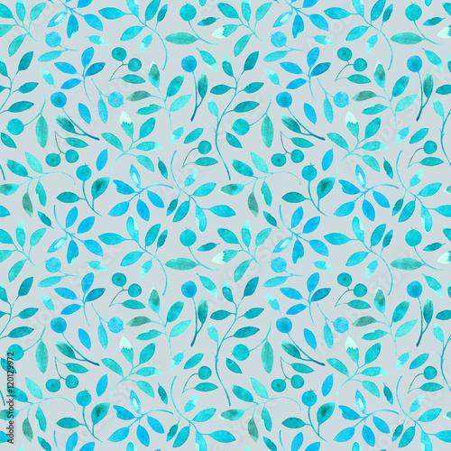 floral seamless pattern with blue branches and berries.watercolor hand drawn illustration.grey background.