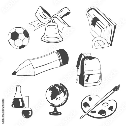 Back to school Doodle Elements Set. Globe, school bell with bow ribbon, pallette and brush, book, pencil, backpack. Isolated Objects