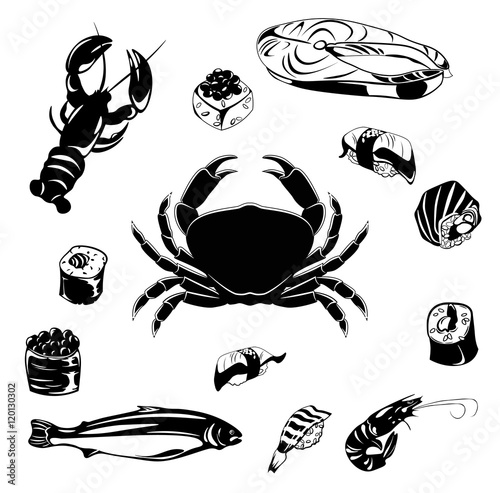 Set of seafood silhouettes. Design elements for label, logo, emblem, badge, sign. Marine life. Set of fish silhouettes.