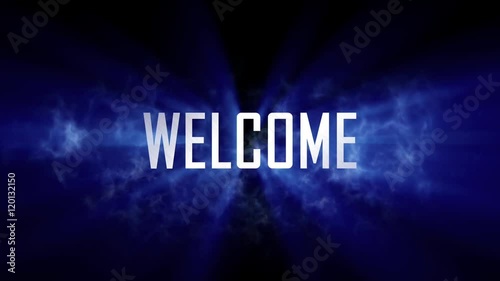Welcome title, intro. 10 seconds loopable intro with cloud of smoke and rays of light. Light rays pass through the word 