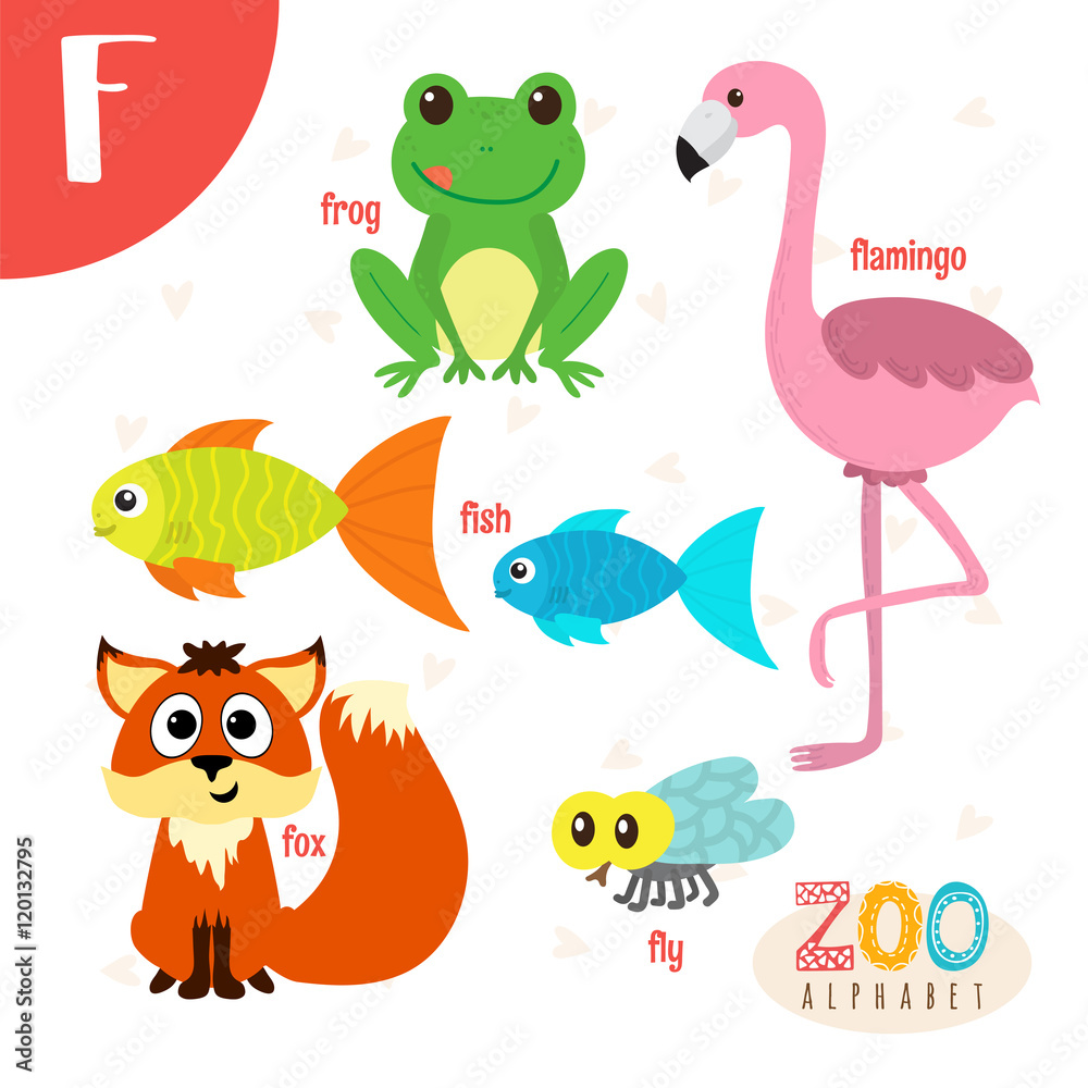 Letter F. Cute animals. Funny cartoon animals in vector. ABC boo