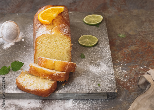 Orange Butter Cake. Macro, selective focus, vintage toned image