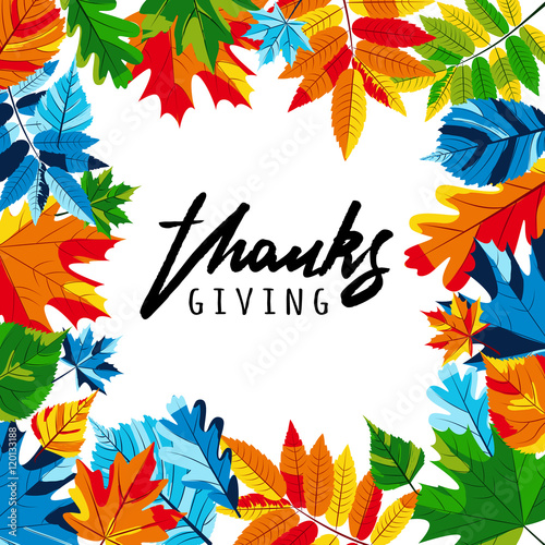 Thanksgiving holiday banner with multicolor autumn leaves and hand drawn call...