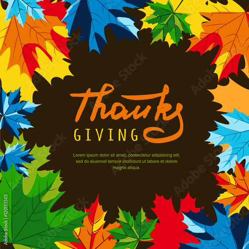 Thanksgiving holiday banner with multicolor maple autumn leaves and hand draw...