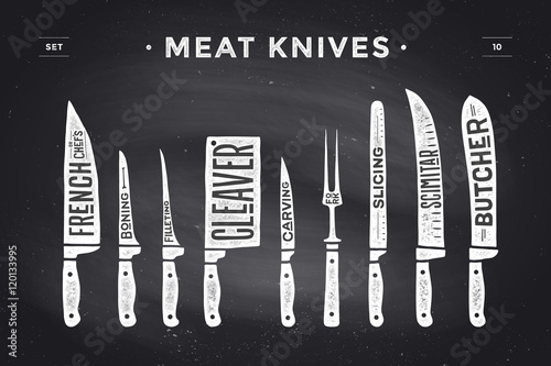 Meat cutting knives set. Poster Butcher diagram and scheme