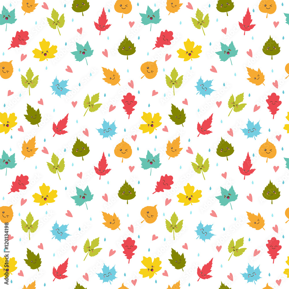 Fototapeta premium Seamless pattern with autumn leaves. Cute background with hearts