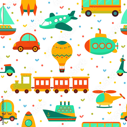 Seamless pattern with colorful transport. Cute children backgrou