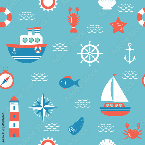 Seamless pattern with nautical design elements. Marine concept b