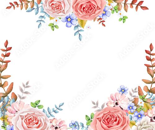 Watercolor floral frame with flowers isolated on white background
