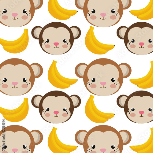 brown monkey animal character cute cartoon and yellow bananas background. vector illustration