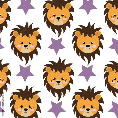 yellow lion animal character cute cartoon and purple stars background. vector illustration