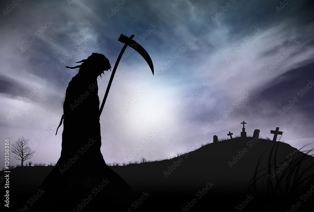 Illustration - Silhouette of a Grim Reaper or fantasy evil spirit in a graveyard at night. Good for background. Digital painting.
