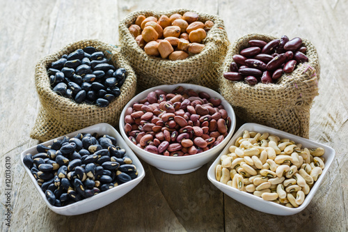 Group of colorful various beans or lentils and whole grains seed