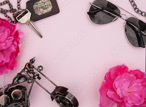 Motorcycle Travel Pink Floral Flat Lay