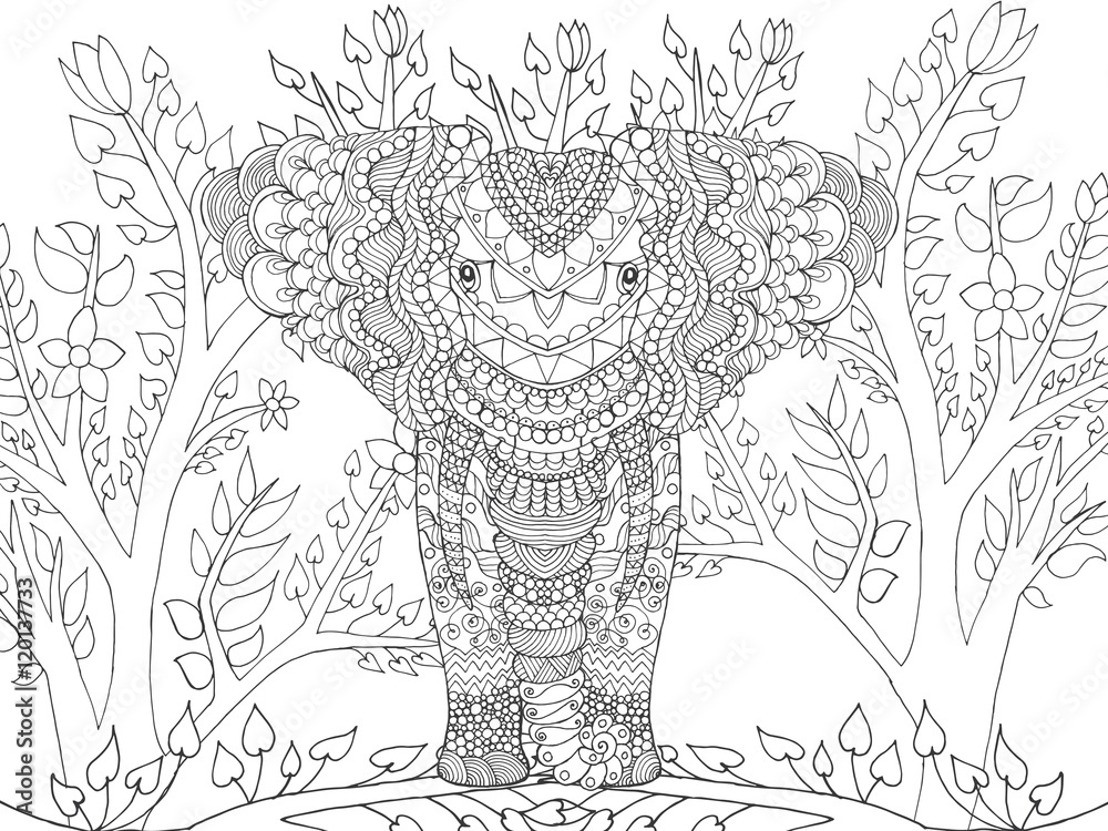 Fototapeta premium Zentangle stylized elephant in fantasy garden