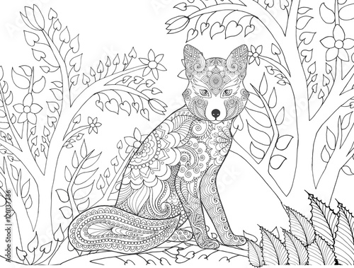Zentangle stylized fox in fantasy forest