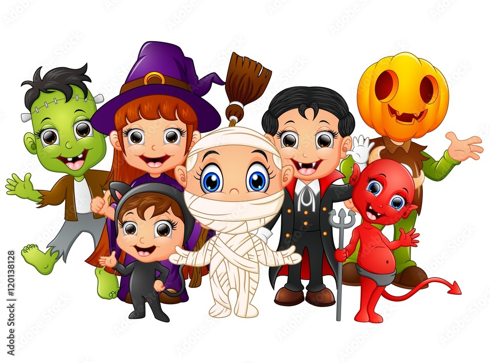 Halloween kids costumes. witch, Frankenstein, Dracula, cat costume, Red  Devil, mummy, Pumpkin Head Stock Vector | Adobe Stock