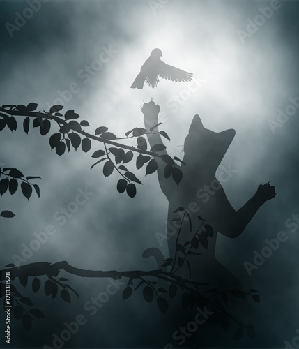 Editable vector illustration of a cat leaping to catch a small garden bird made using gradient meshes