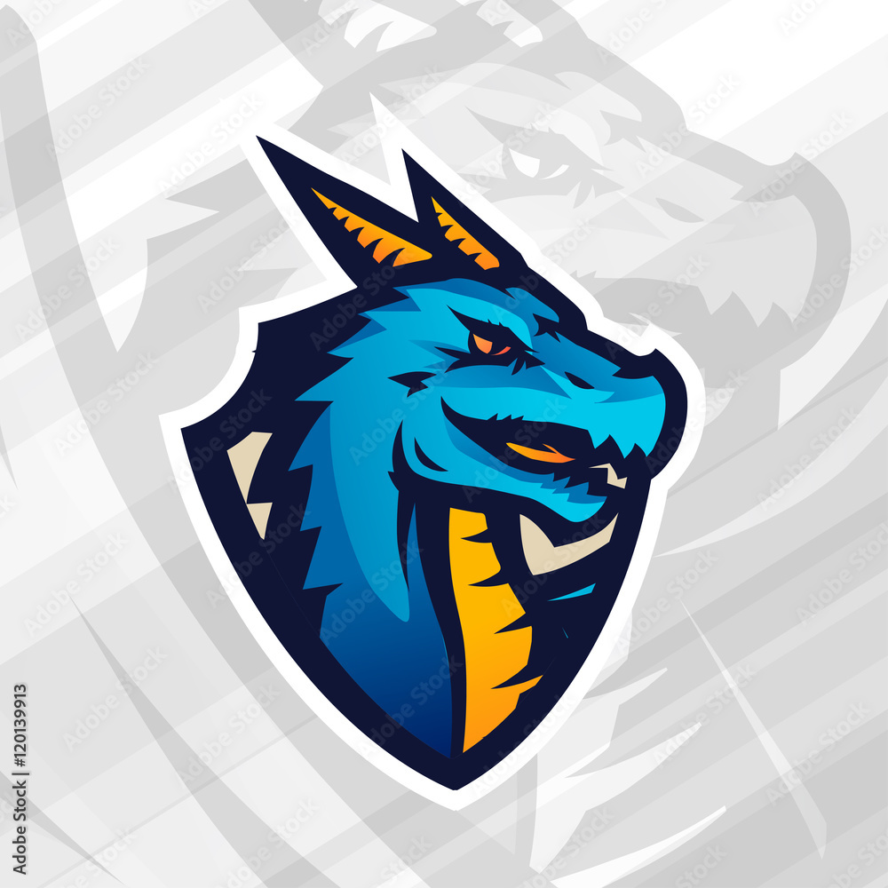 Fototapeta Dragon on shield sport mascot template. Football or baseball patch design. College league insignia, School team vector