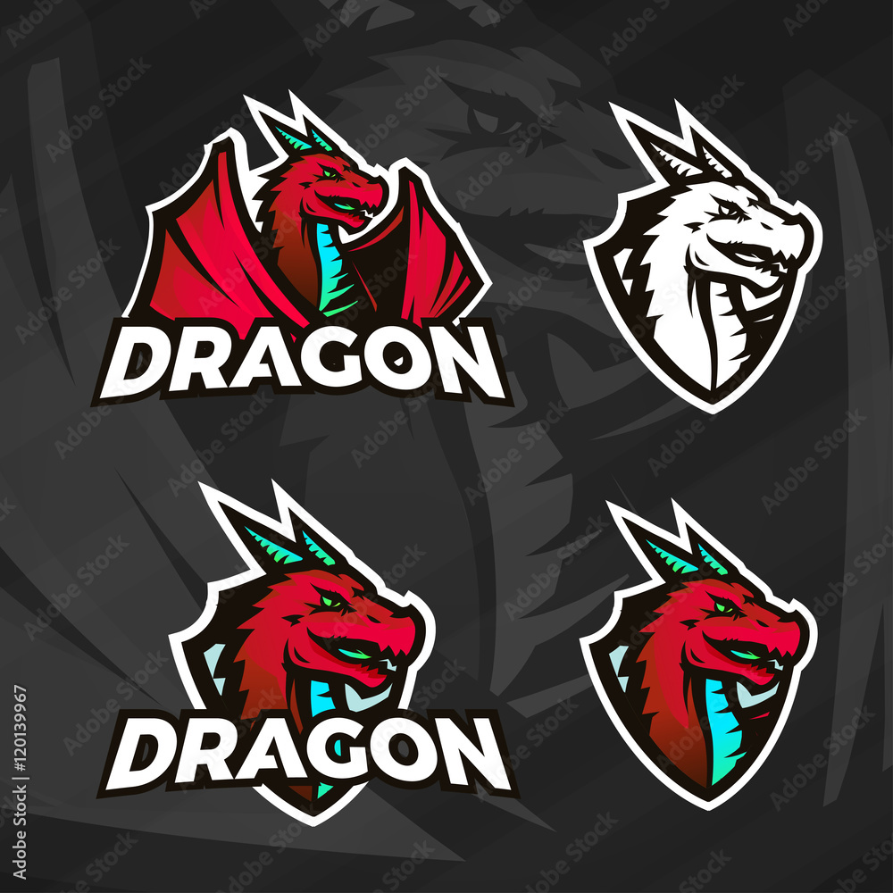 Creative dragon logo template. Sport mascot design. College league insignia, Asian beast sign, Dragons illustration