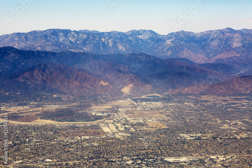 Aerial view of Los Angeles in the United States. Part of the city located near the foothills of Santa Monica mountains, landscape.