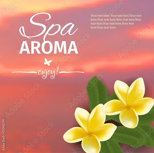 Spa concept with blurred seaside background and realistic vector frangipani
