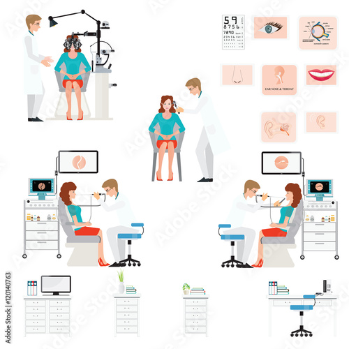 Doctor examining Patient with endoscope and  Phoropter isolated