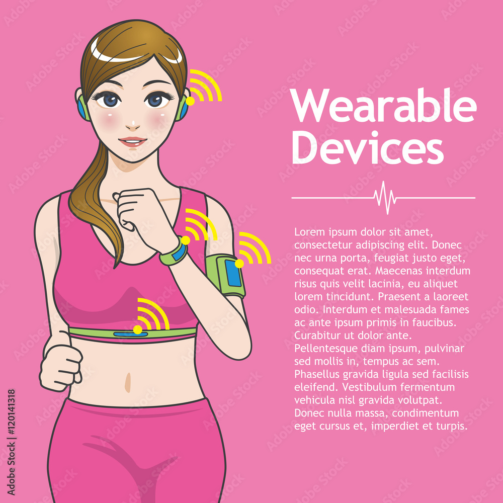 running woman and wearable devices, vital sign sensor and wireless communication, cartoon illustration running woman and wearable devices, vital sign sensor and wireless communication, cartoon illustration
