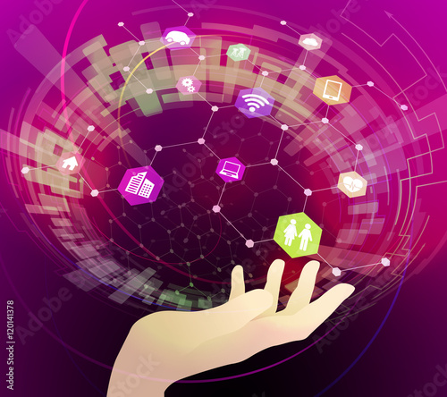 technological abstract images are float above a human hand, vector illustration