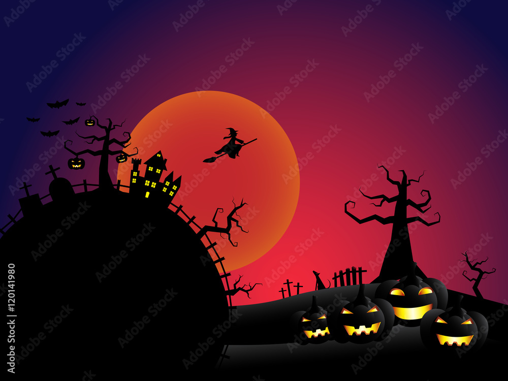 Halloween pumpkins and a witch flying out from dark castle with