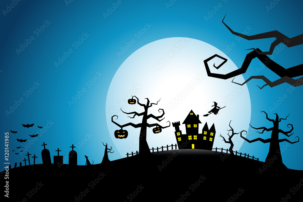 Halloween night background, witch flying from the castle over ce Halloween night background, witch flying from the castle over ce