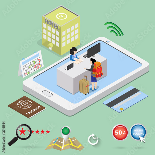 hotel booking online with mobile phone concept