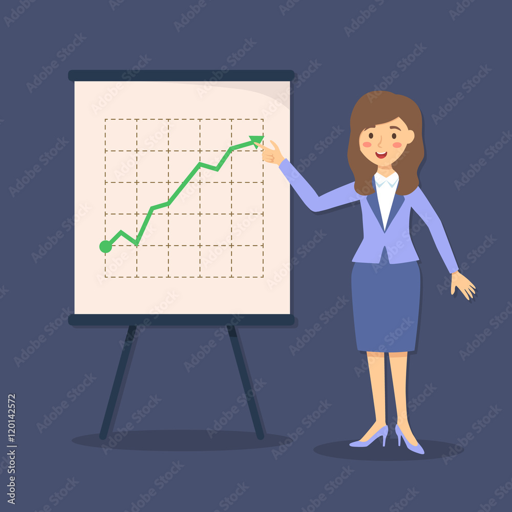 Vector illustration of businesswoman giving presentation with arrow up and increased business progress in blue background. Vector illustration of businesswoman giving presentation with arrow up and increased business progress in blue background.