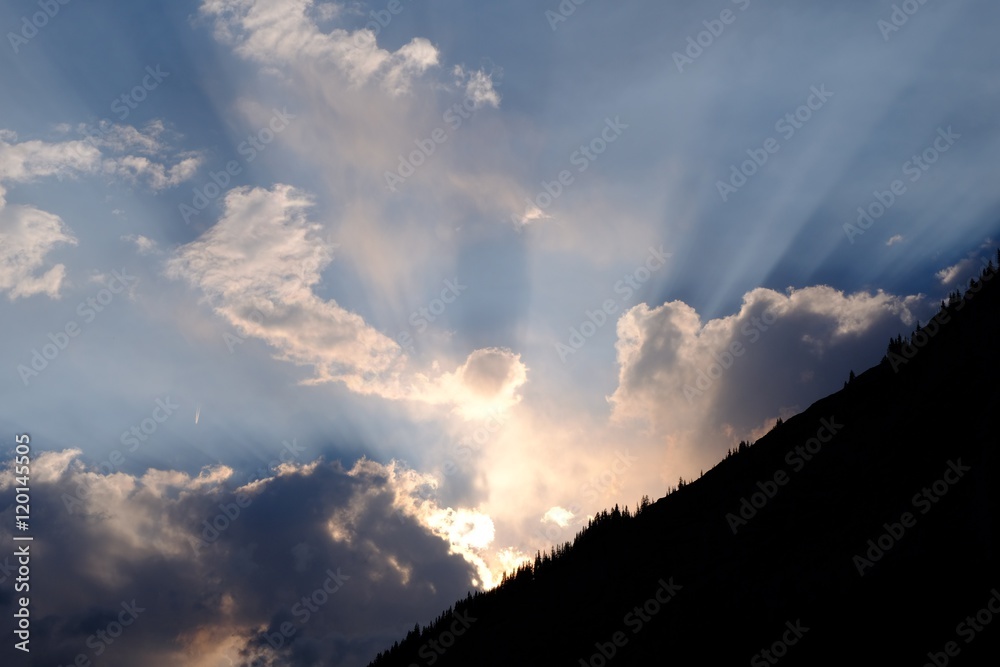 Sunbeams through clouds. Candian Rockies. Banff National Park. Alberta. Canada. 