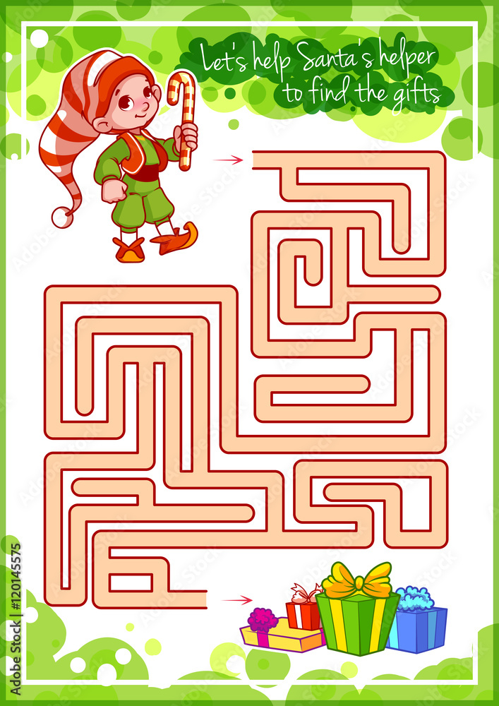 Maze game for kids with cute elf and gifts. Adobe