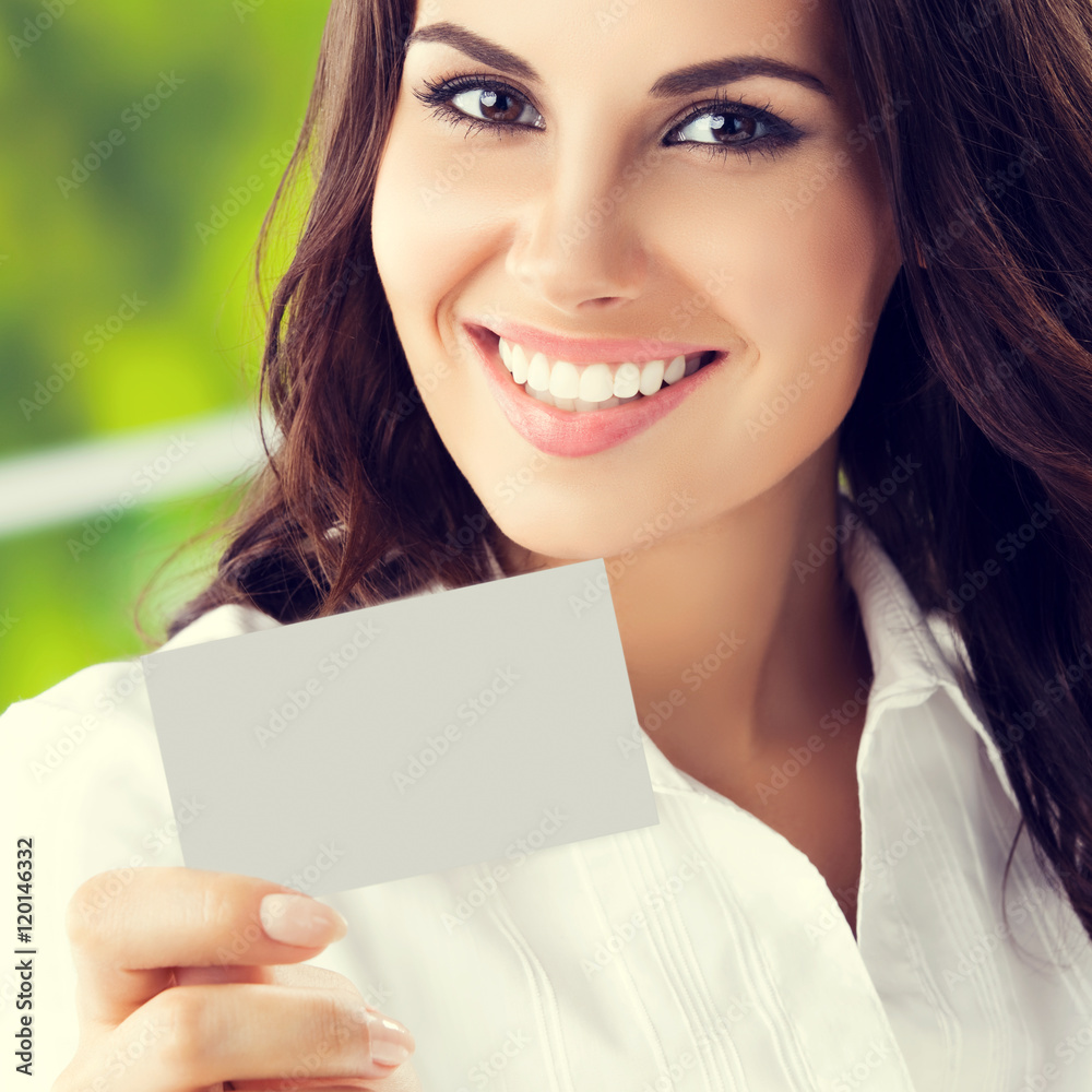 brunette young businesswoman showing blank businesscard brunette young businesswoman showing blank businesscard