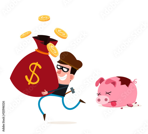 tricky thief stealing money from piggy banks