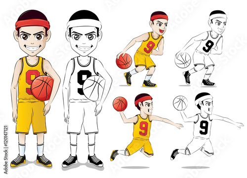 Basketball Player Vector Character Set with Line Drawing Version Wearing Yellow Jersey Number Nine in Isolated in White Background 
