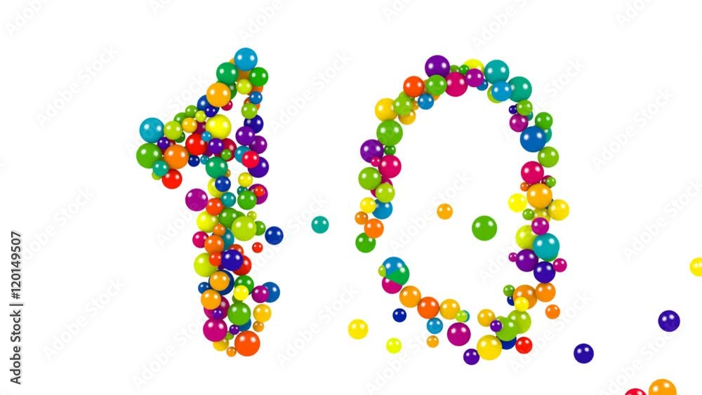Various sized green, red, blue and yellow balls in the shape of the number ten over white background Various sized green, red, blue and yellow balls in the shape of the number ten over white background