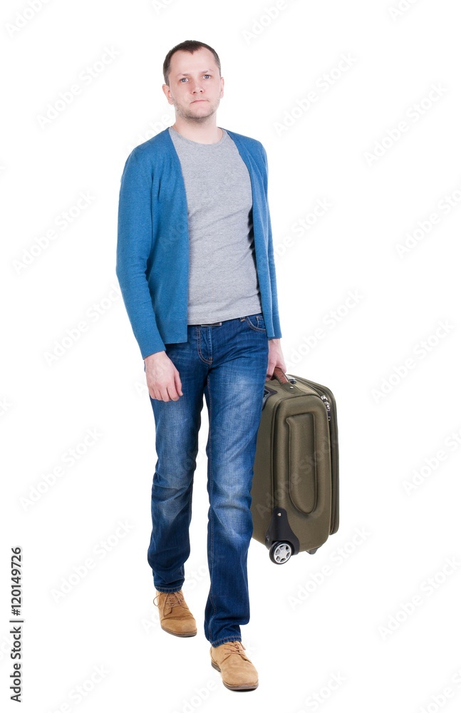 back view of walking man with suitcase. brunette guy in motion. backside view of person. Rear view people collection. Isolated over white background. young man goes to side of a rolling travel bag back view of walking man with suitcase. brunette guy in motion. backside view of person. Rear view people collection. Isolated over white background. young man goes to side of a rolling travel bag
