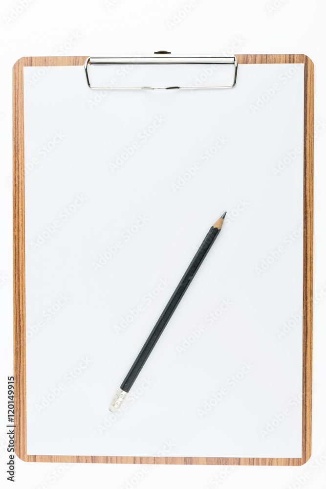 Blank wooden clipboard with paper and pencil on white background Blank wooden clipboard with paper and pencil on white background