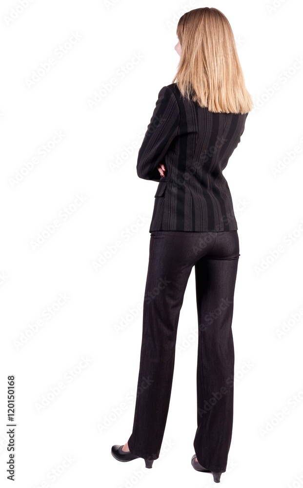 back view of thoughtful business woman contemplating. Young girl in suit. Rear view people collection. backside view of person. Isolated over white background. back view of thoughtful business woman contemplating. Young girl in suit. Rear view people collection. backside view of person. Isolated over white background.