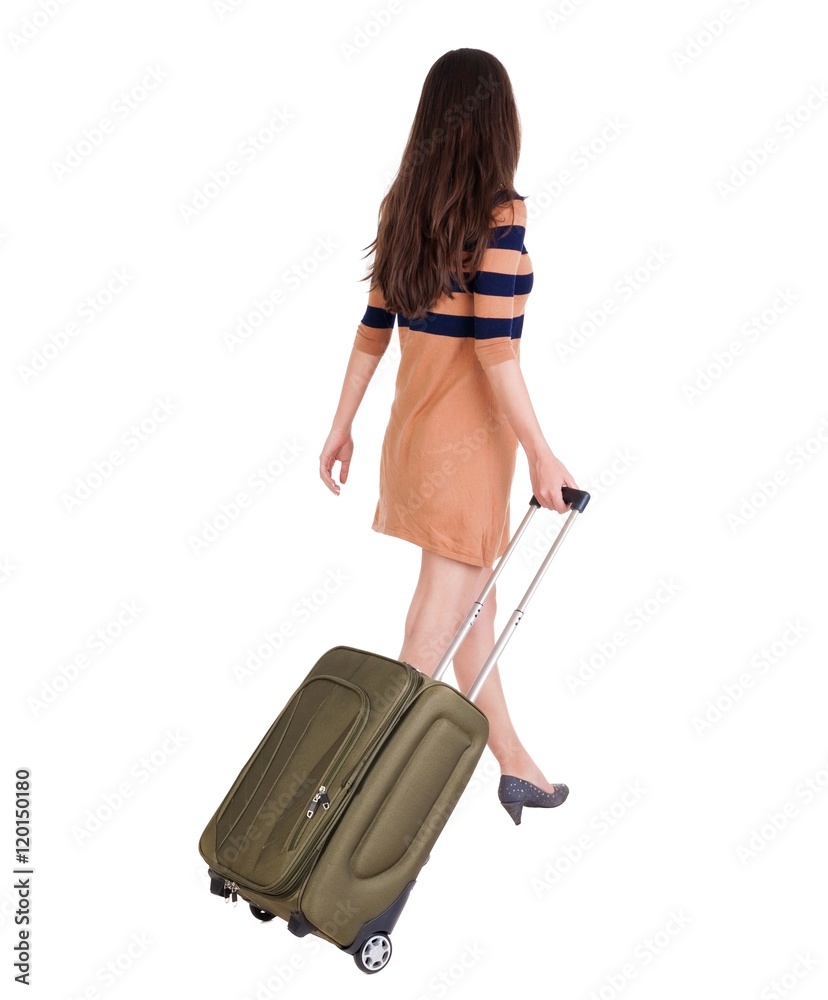back view of walking woman with green suitcase. beautiful brunette girl in motion. backside view of person. Rear view people collection. Isolated over white background. girl on the heels of a back view of walking woman with green suitcase. beautiful brunette girl in motion. backside view of person. Rear view people collection. Isolated over white background. girl on the heels of a